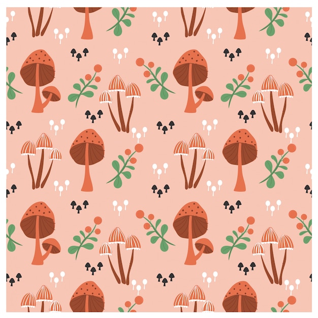 Variety mushroom and plants seamless pattern