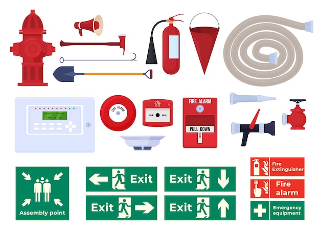 Vector various fire extinguishers ax fire hydrant fire alarm evacuation signs