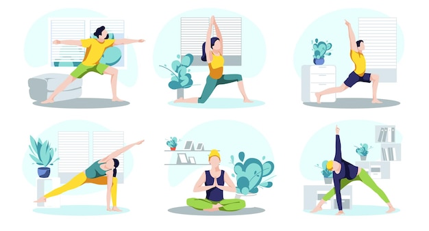 Vector various people doing yoga at home set. male and female persons practicing yoga postures. healthy lifestyle, morning fitness activities, workout. stay at home concept flat vector illustration