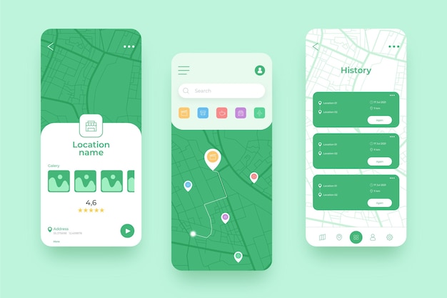 Various screens for green location mobile app