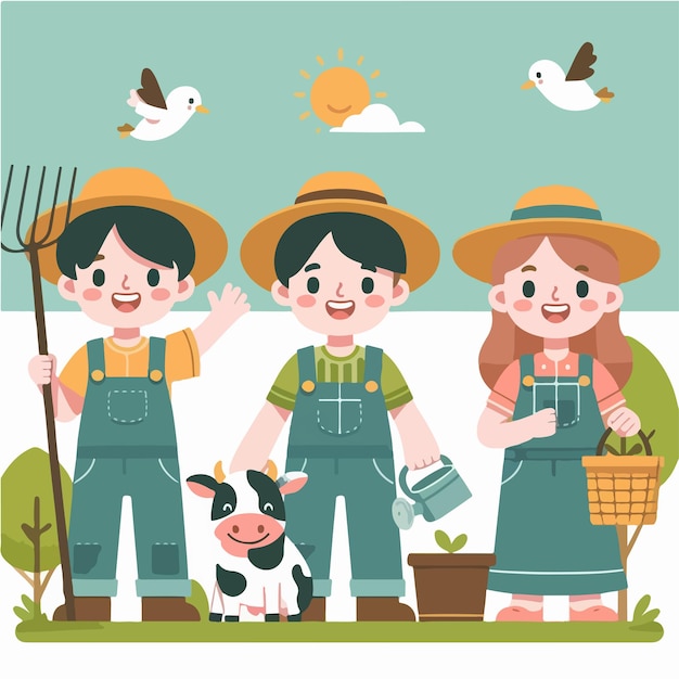 Vector vector 3 cheerful farmer characters with flat design style