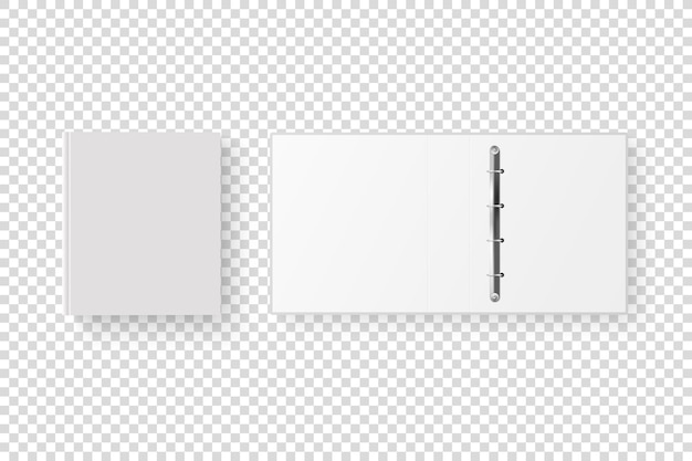 ベクトル3d閉じて開いた現実的な白い空白の空のオフィスバインダーセットA4紙シートのクローズアップのための金属リングで透明な背景に分離デザインテンプレートモックアップ上面図