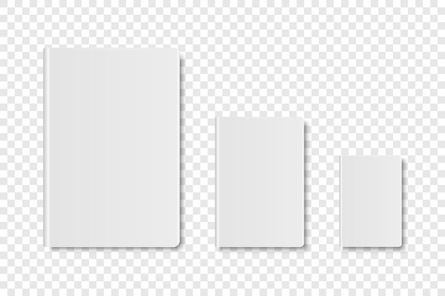 ベクトル3d現実的な白い閉じた空白の紙ノートブック日記セット透明な背景に分離A4A5A6A7モックアップのデザインテンプレートコピーブック広告ロゴ印刷正面図