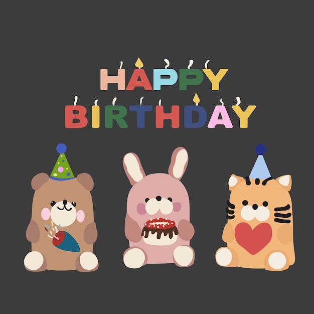 Vector vector birthday card with candles and cute cartoon toys vector festive teddy bear cat and bunny