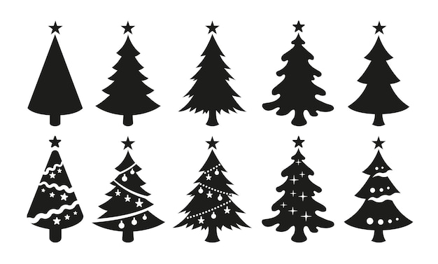 Vector black icons of christmas trees isolated on white background. Black silhouettes of christmas trees with a stars at the top.