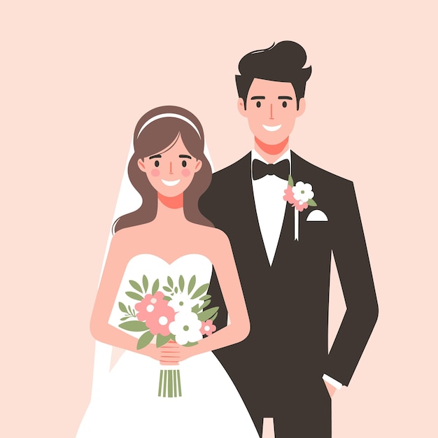 Vector vector bride with a bouquet of flowers and groom at the wedding flat illustration