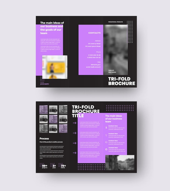 Vector brochure template with geometric purple design, arrows, trifold on black background. Layout of the booklet with realistic shadows. Creative business concept leflat, newsletter,set in front,back