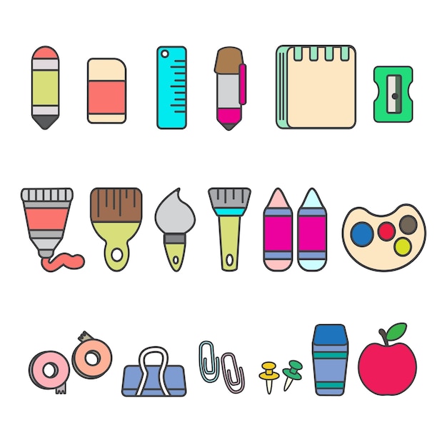 Vector bundle of various writing and learning tools such as pens pencils paper clips rulers and others suitable for illustration and animation