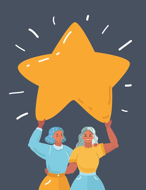 Vector vector cartoon illustration of two girls hold big star above awards or happy symbol concept with human characters best friends coworkers sister mother and daugter human character on dark background