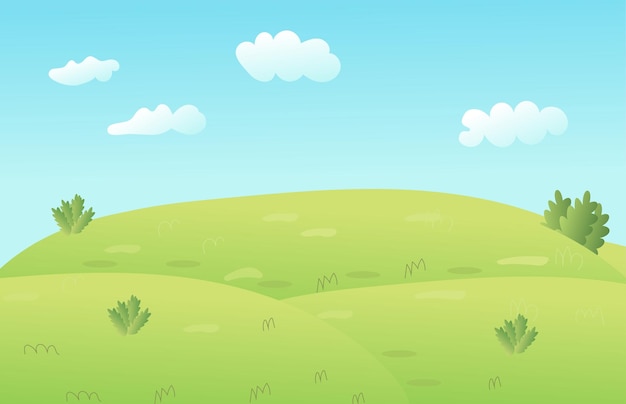 Vector vector cartoon meadow landscape with grass blue sky with white clouds flat valley landscape empty field on sunny summer day green hills landscape background empty glade template