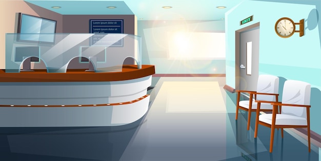 Vector cartoon style flat hospital reception hall.