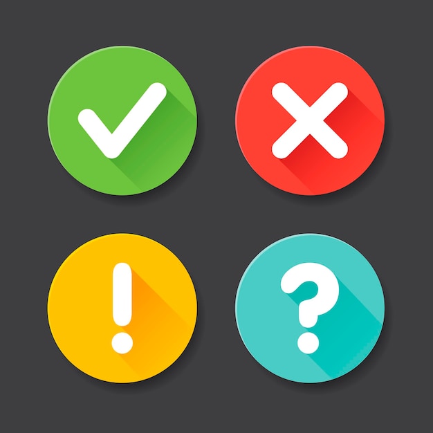 Vector check mark exclamation mark, question mark icons set. Flat icons for web and mobile applications. Circle flat design with shadows.