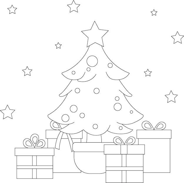 Vector Chrismas tree with gifts coloring page