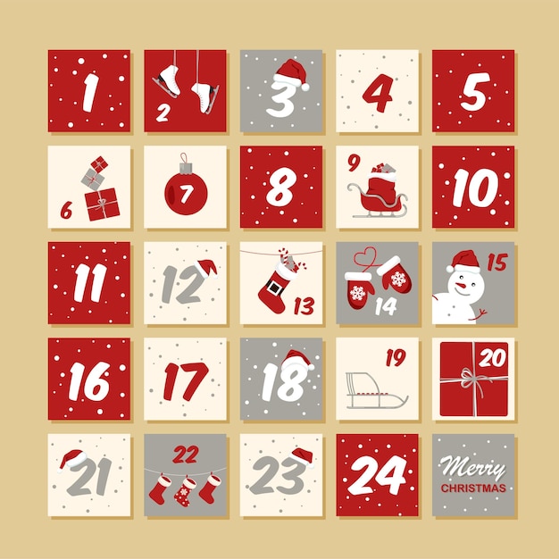 Vector Christmas advent calendar. Winter New Year holidays poster with dates. Calendars number.