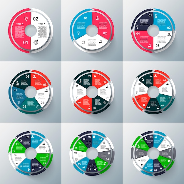 Vector circle infographics set Diagrams with 2 3 4 5 6 7 8 9 and 10 steps or processes