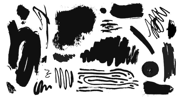 Vector collection of black paint, ink brush strokes, brushes, lines. Grunge artistic design elements, illustration. Isolated on white background. Freehand drawing