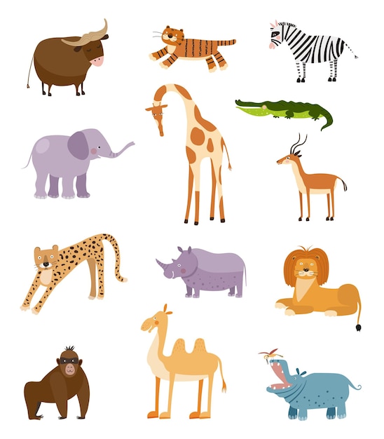 Vector collection with biggest african animals Illustration with cute animals for children