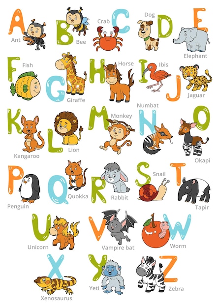 Vector color zoo alphabet with cute animals on white background