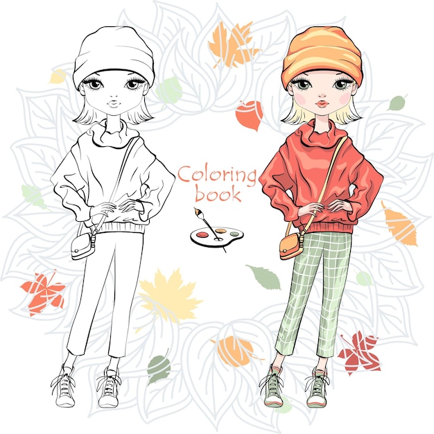 Vector vector coloring book of cute fashion girl in autumn clothes