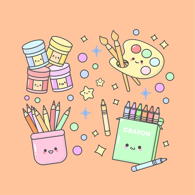 Vector vector coloring paint pencil pallette crayon with cute facial expressions and pastel colour