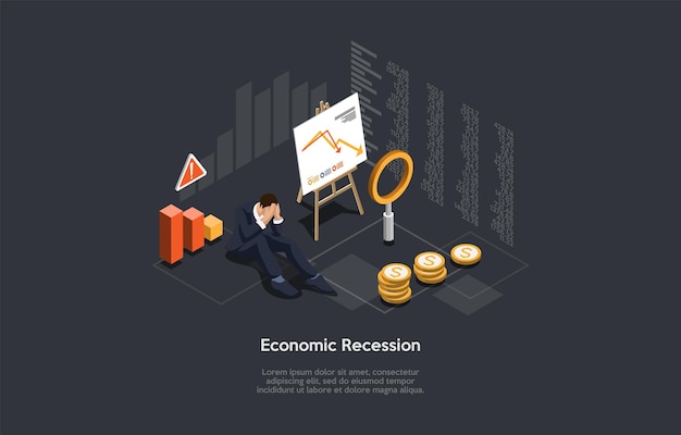 Vector Composition On Economic Recession, Financial Problems, Business Bankrupcy Concept. Isometric Illustration, Cartoon 3D Style. Sad Businessman Sitting, Paper With Charts And Graphs, Coins Near.