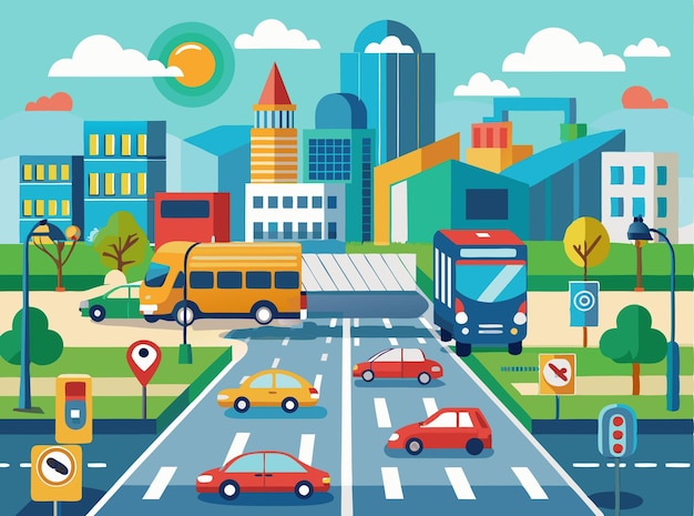 Vector vector design of a city traffic scene with roads vehicles and traffic signs