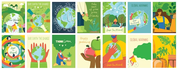 Vector vector eco illustration cards for social poster banner or card of saving the planet human hands protect our earth