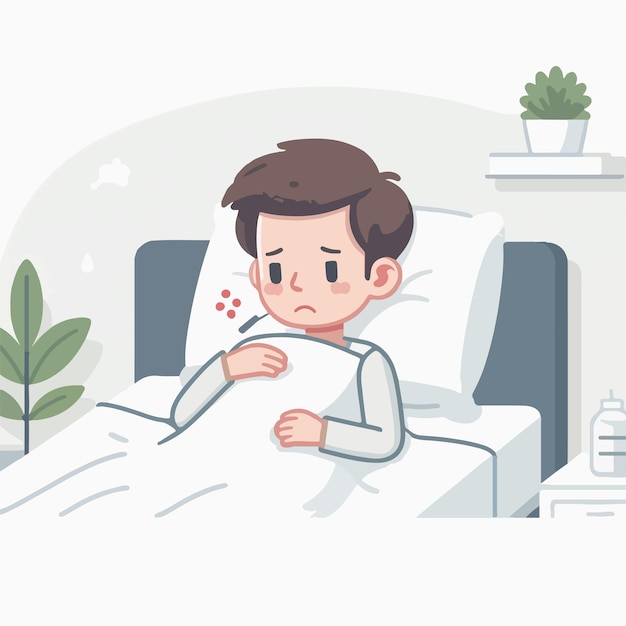 Vector vector of a feverish person lying in bed