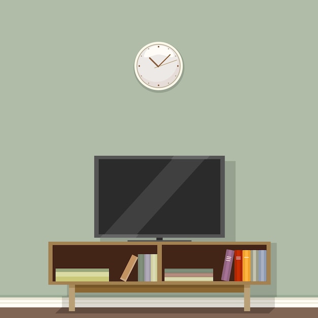 Vector Flat Illustration - TV Set on Commode in Living Room in front of Green Wall with Clock.