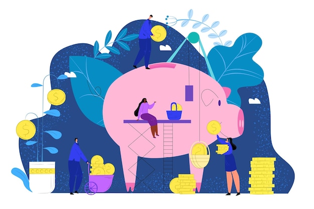 Vector vector flat illustrations big piggy bank on white background financial services bankers do the work hoard or save money moneymaker