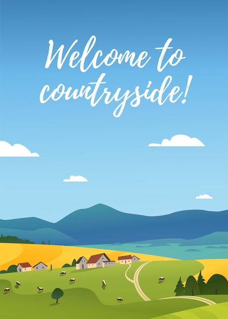 Vector flat landscape illustration of summer countryside nature view: sky, mountains, cozy village houses, cows, fields and meadows. For farm product packaging, sticker design, banner, flayer etc.