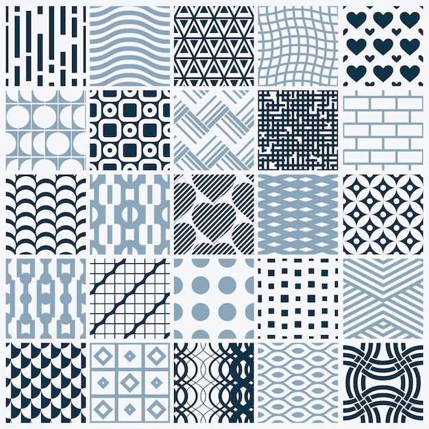 Vector vector graphic vintage textures created with squares, rhombuses and other geometric shapes. monochrome seamless patterns collection best for use in textiles design.