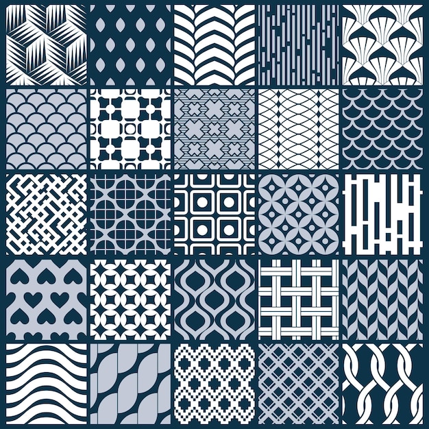 Vector vector graphic vintage textures created with squares, rhombuses and other geometric shapes. monochrome seamless patterns collection best for use in textiles design.