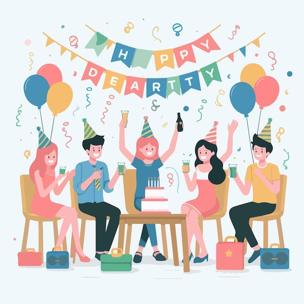 Vector vector of a group of people having a party with a simple and minimalist flat design style