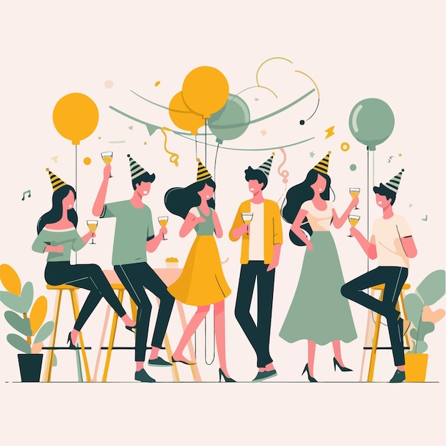 Vector vector of a group of people having a party with a simple and minimalist flat design style