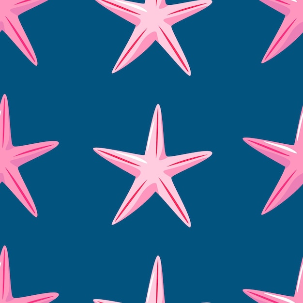 Vector hand-drawn seamless repeating simple pattern with pink starfish on a blue background.