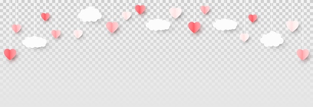 Vector hanging paper hearts and clouds png. Multicolored heart-shaped paper confetti and clouds png.