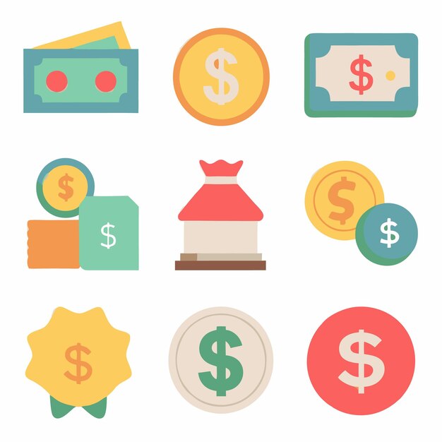 Vector vector icon set for money currency and financial transactions flat design illustrations