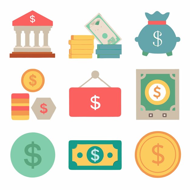 Vector vector icon set for money currency and financial transactions flat design illustrations