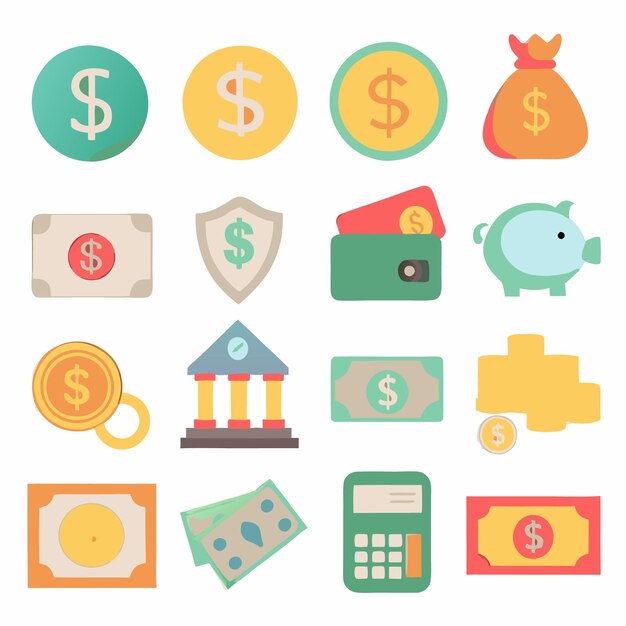 Vector vector icon set for money currency and financial transactions flat design illustrations