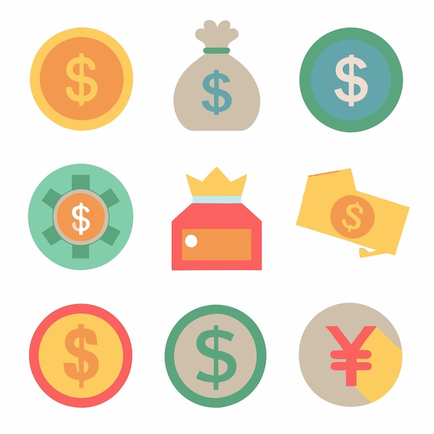 Vector vector icon set for money currency and financial transactions flat design illustrations