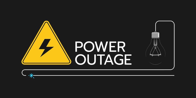 Vector vector illustration of the banner of a power cut with a warning sign it is on the black background