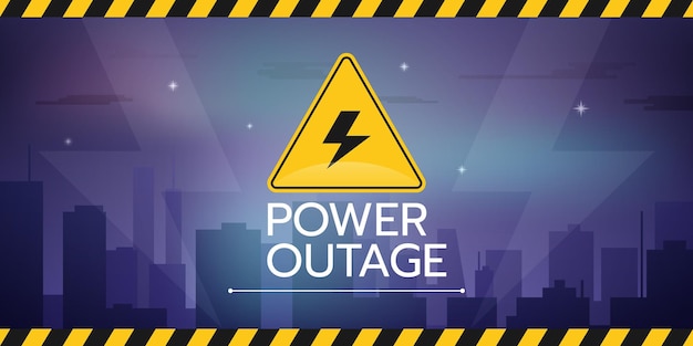 Vector vector illustration of the banner of a power cut with a warning sign the one is on the background of the night city