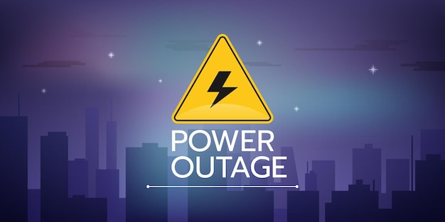 Vector vector illustration of the banner of a power outage with a warning sign is on the background of the night city