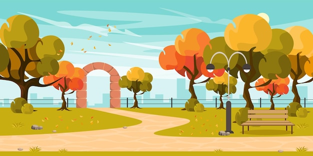 Vector vector illustration of a beautiful autumn park cartoon urban buildings with large arch stone path benches lanterns trees with city in the background