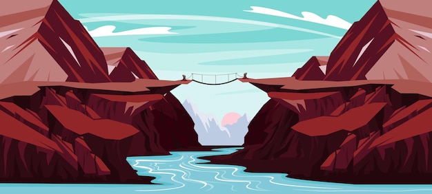 Vector illustration of a beautiful bridge over the canyon Cartoon mountains landscape with a river in the middle of a canyon through which an old wooden bridge passes