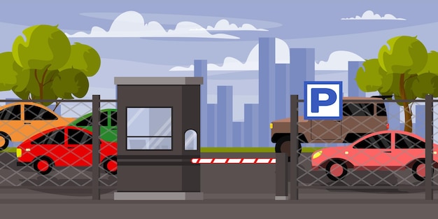 Vector vector illustration of a beautiful landscape of a parking lotcartoon scenes of various colored cars standing in the parking area road sign barrier controller buildingtreeshousessky with clouds