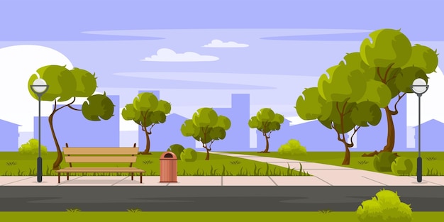 Vector vector illustration of a beautiful park landscape cartoon scene of a beautiful landscape with a bench a lamppost a road a garbage can trees bushes grass and silhouettes of city buildings