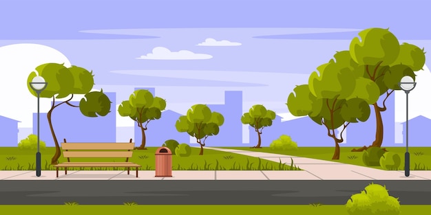 Vector illustration of a beautiful park landscape Cartoon scene of a beautiful landscape with a bench a lamppost a road a garbage can trees bushes grass and silhouettes of city buildings