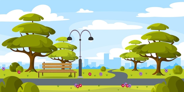 Vector vector illustration of beautiful summer park cartoon urban landscape with trees a bench a path a lantern flowers and city in the background